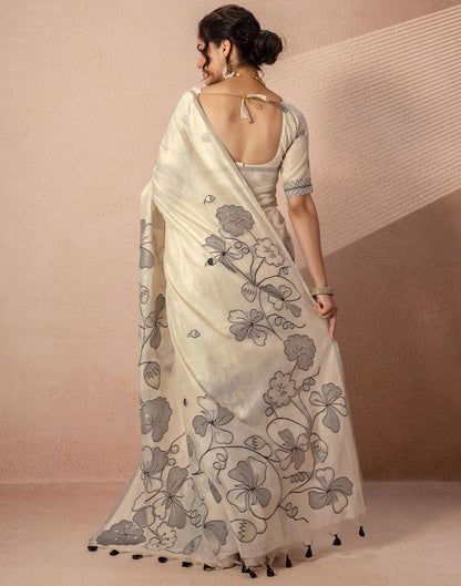 Beige Chanderi Cotton Woven Saree