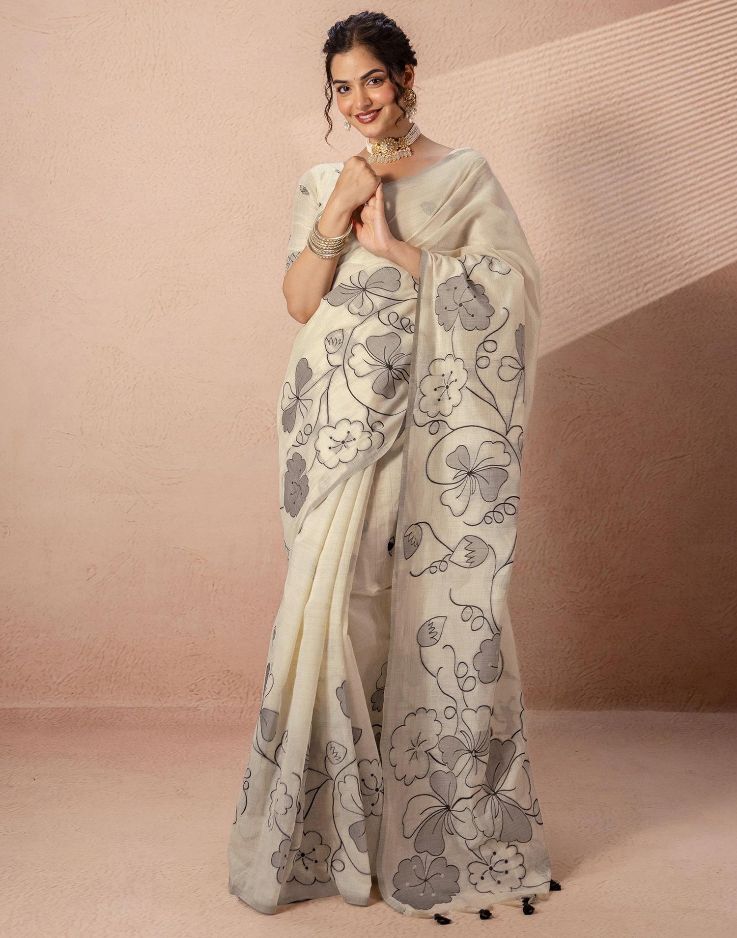 Beige Chanderi Cotton Woven Saree