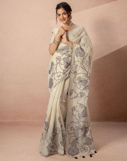 Beige Chanderi Cotton Woven Saree