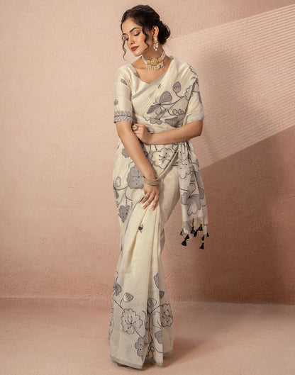 Beige Chanderi Cotton Woven Saree