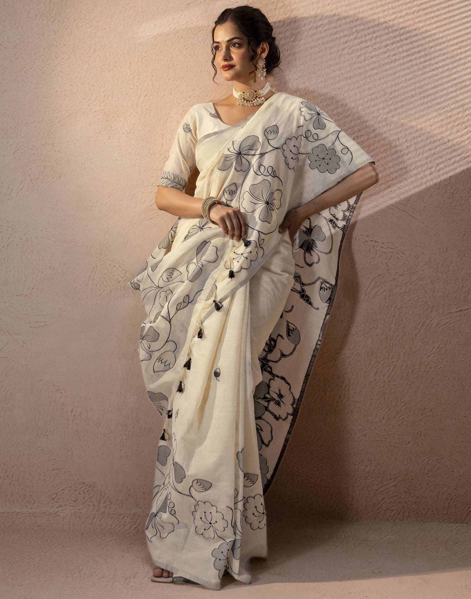 Beige Chanderi Cotton Woven Saree
