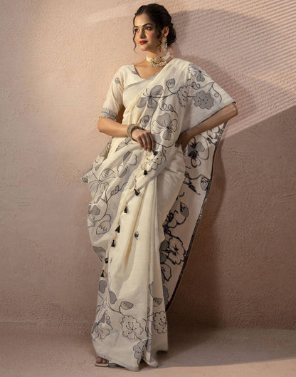Beige Chanderi Cotton Woven Saree