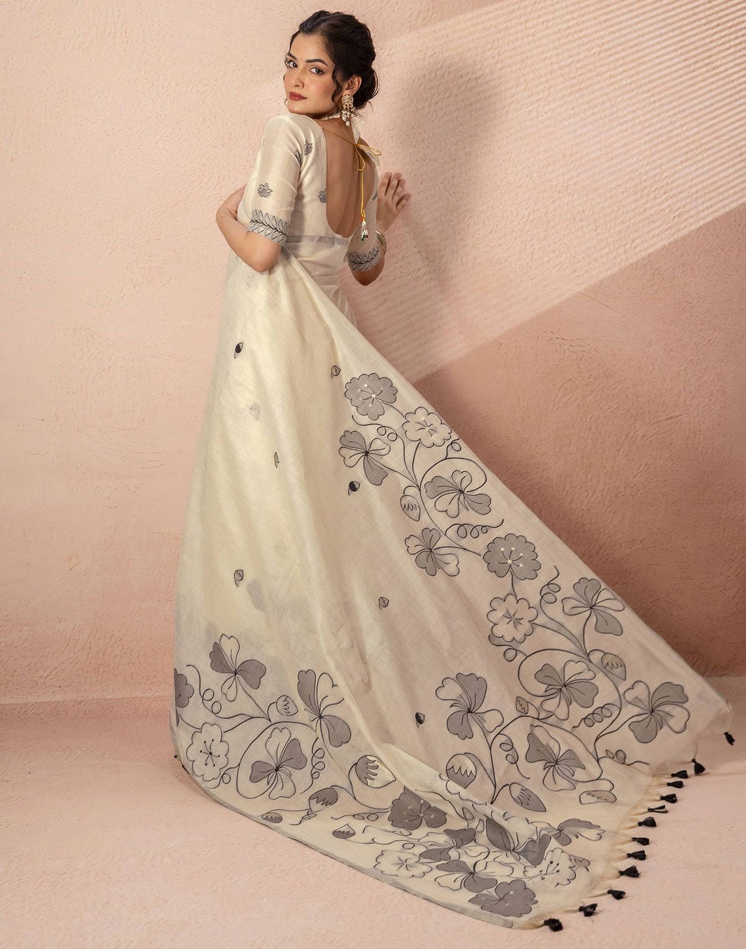 Beige Chanderi Cotton Woven Saree