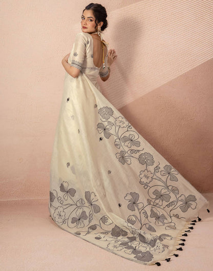 Beige Chanderi Cotton Woven Saree