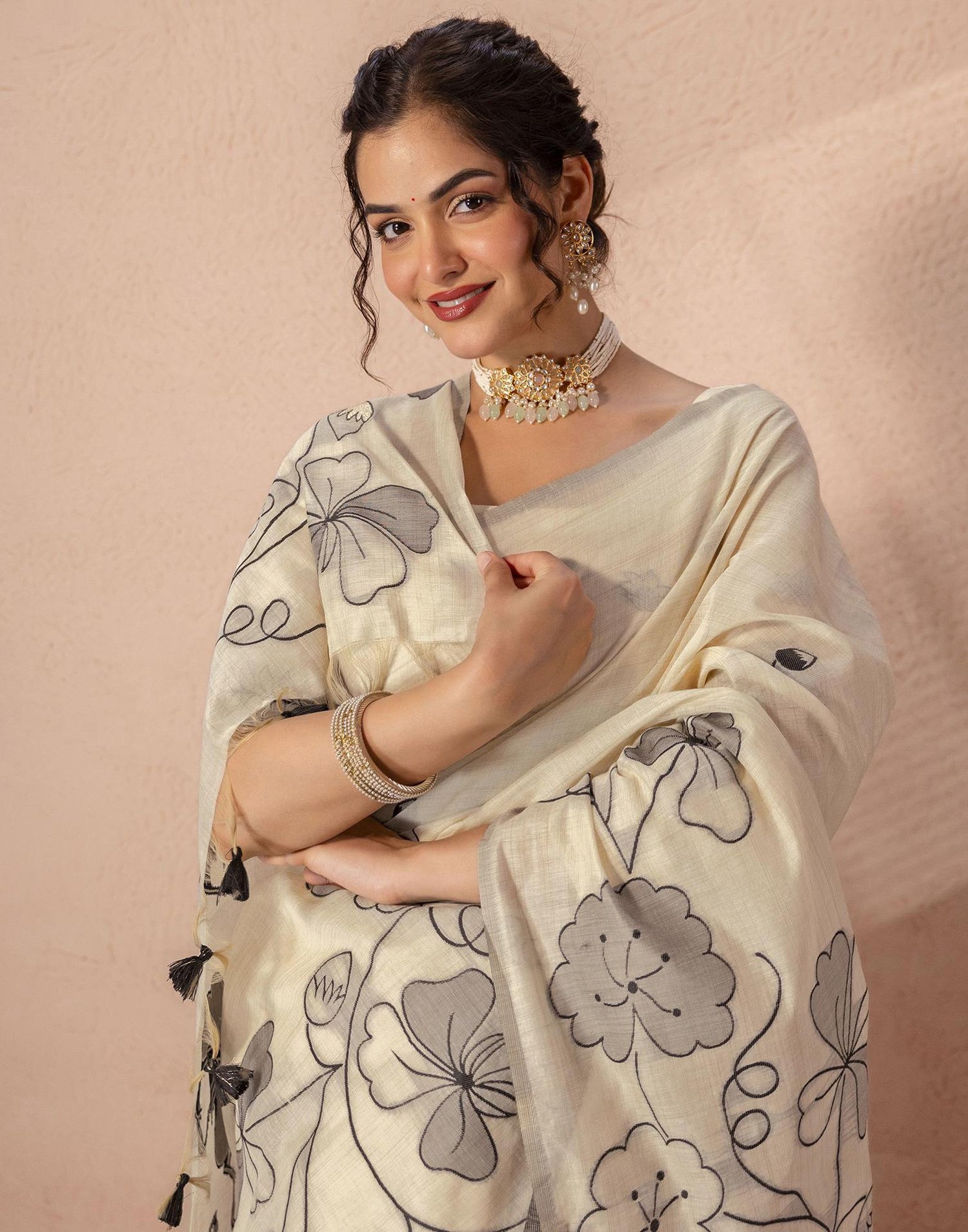 Beige Chanderi Cotton Woven Saree