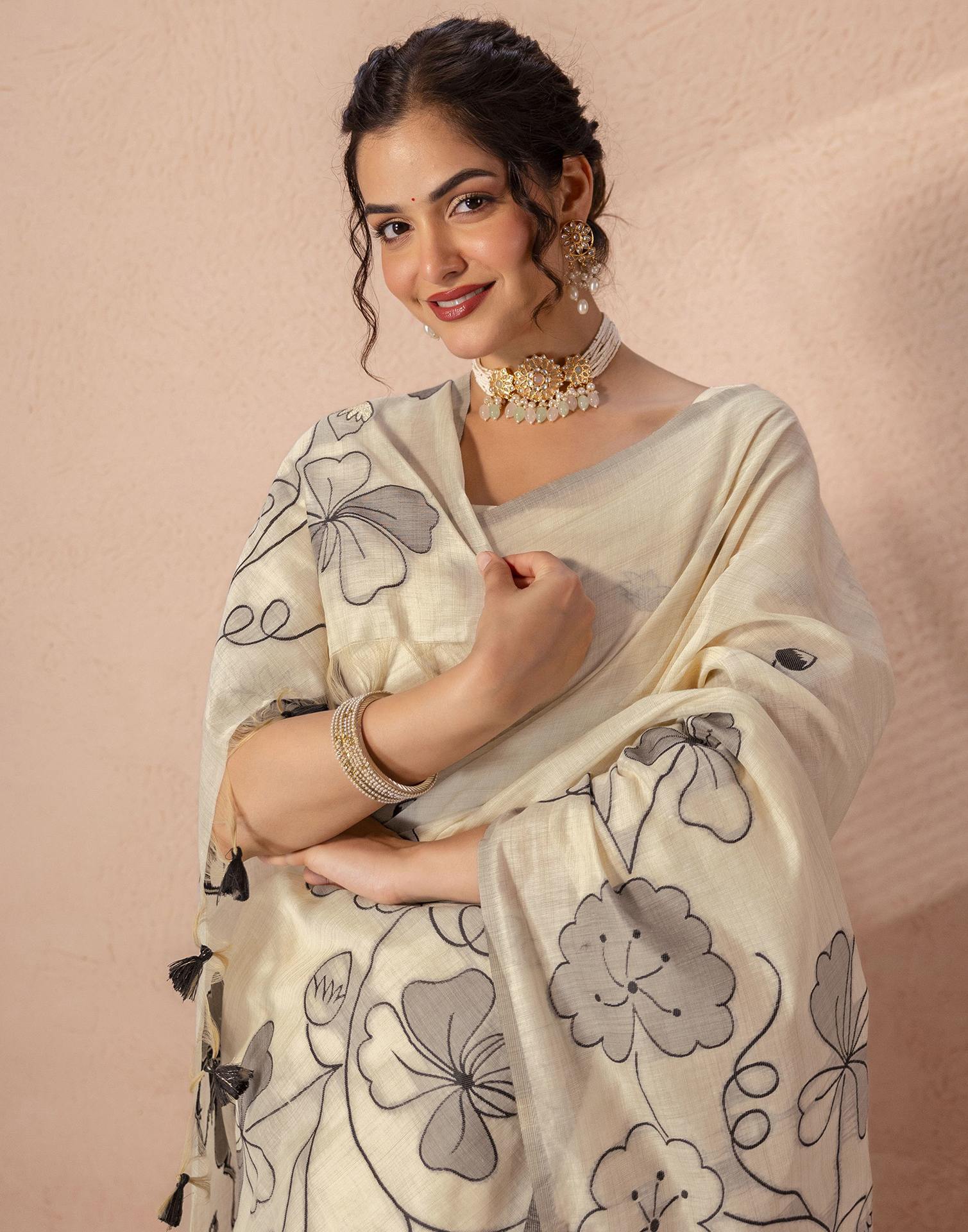 Beige Chanderi Cotton Woven Saree