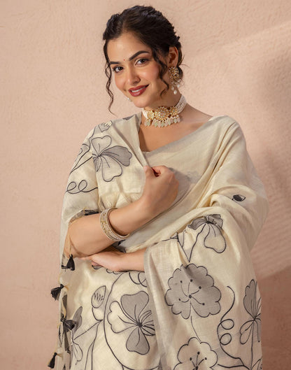 Beige Chanderi Cotton Woven Saree