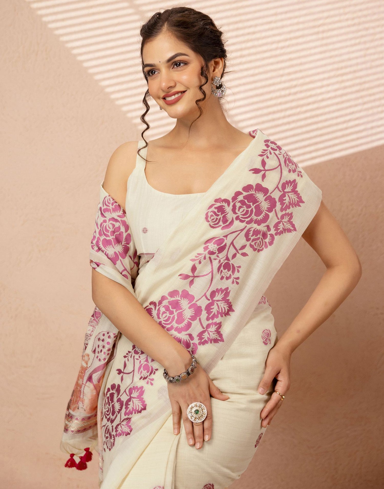 Beige Chanderi Cotton Woven Saree