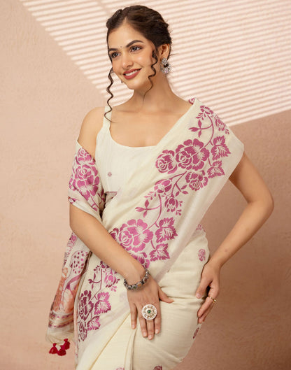 Beige Chanderi Cotton Woven Saree