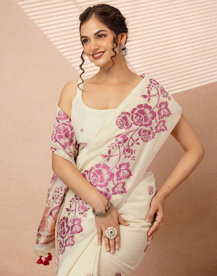 Beige Chanderi Cotton Woven Saree