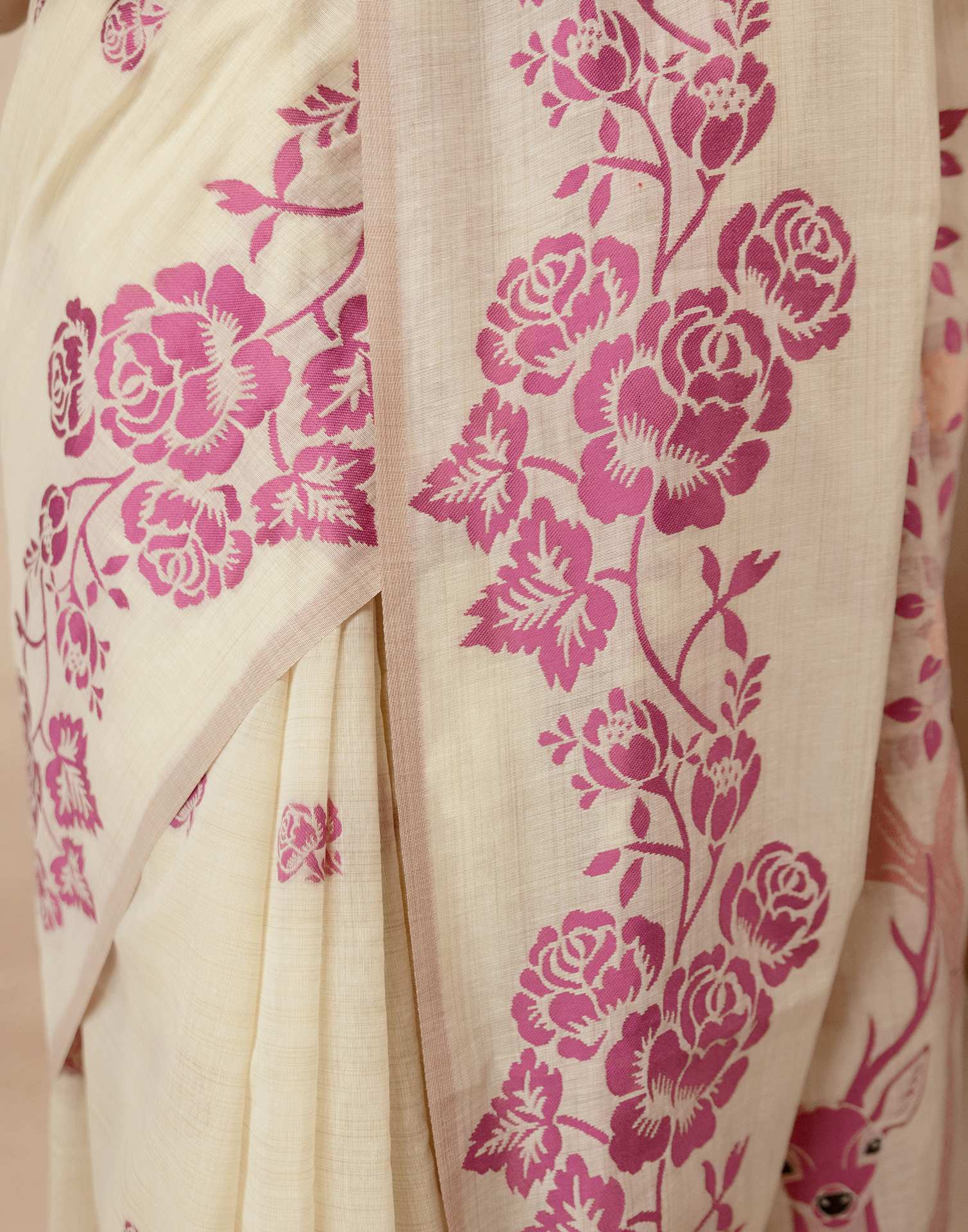 Beige Chanderi Cotton Woven Saree