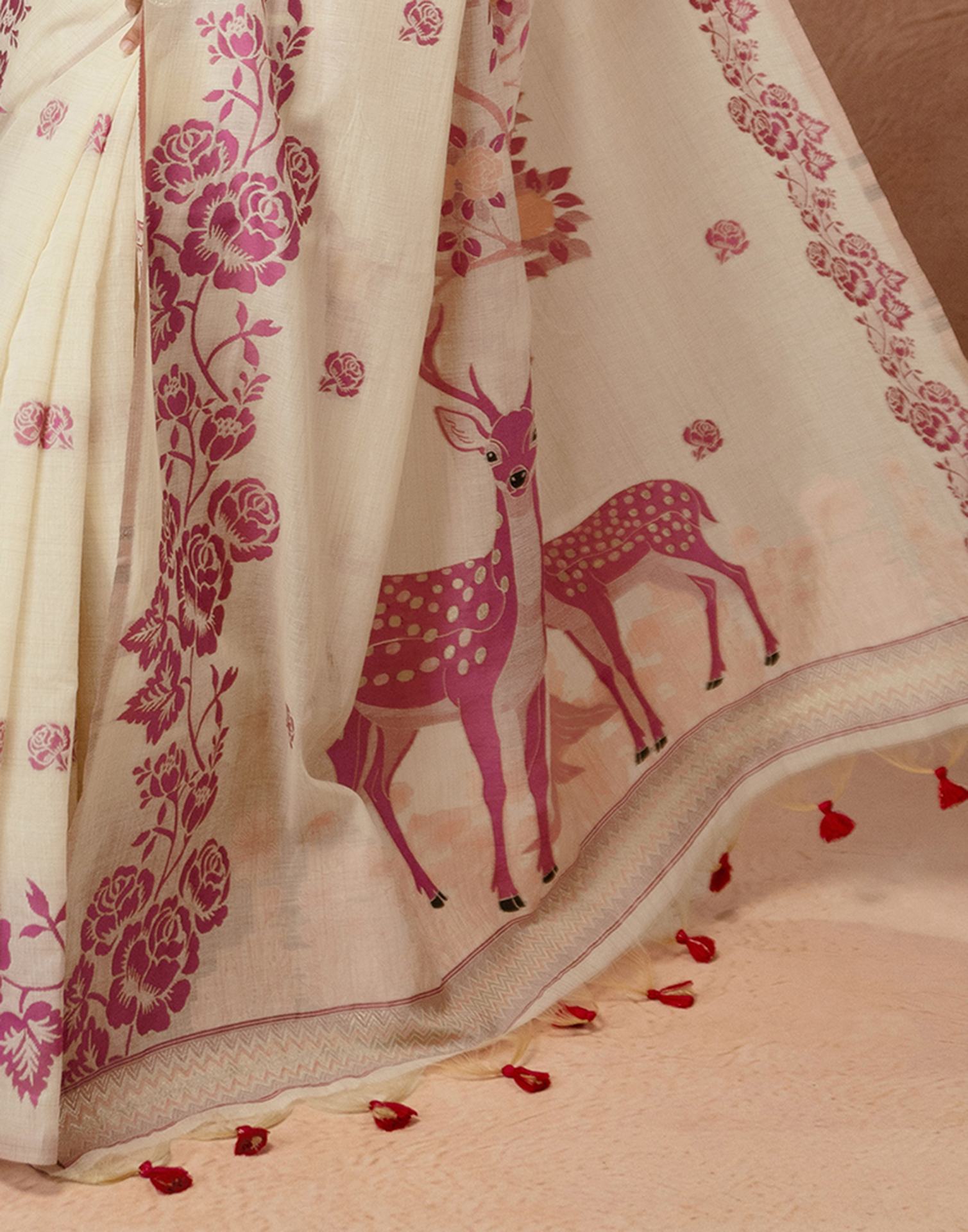 Beige Chanderi Cotton Woven Saree