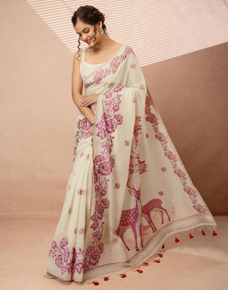 Beige Chanderi Cotton Woven Saree