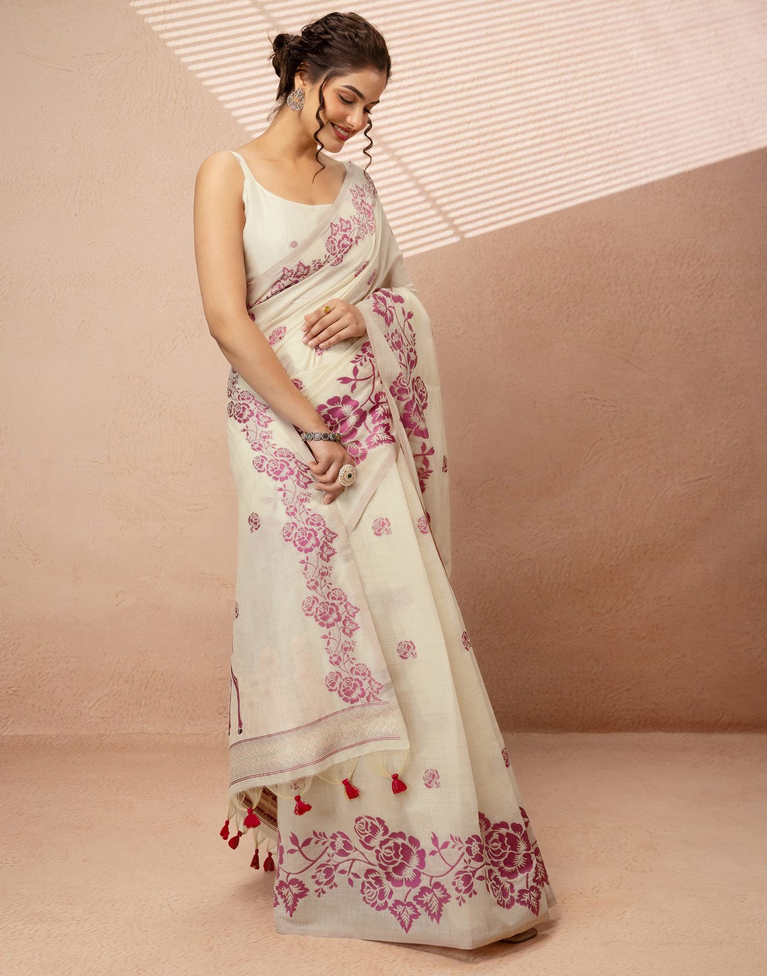 Beige Chanderi Cotton Woven Saree