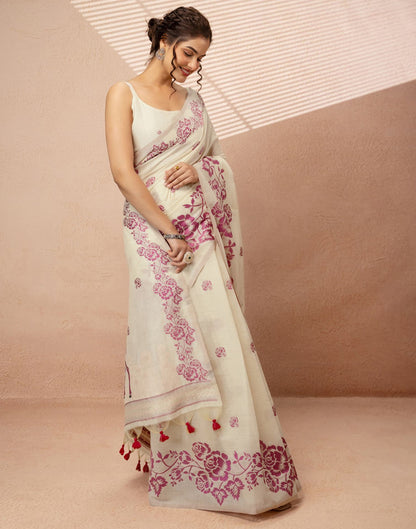 Beige Chanderi Cotton Woven Saree