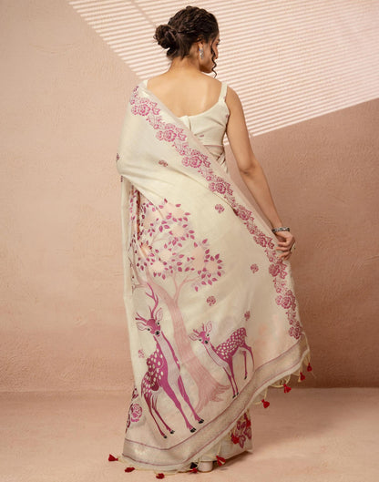 Beige Chanderi Cotton Woven Saree
