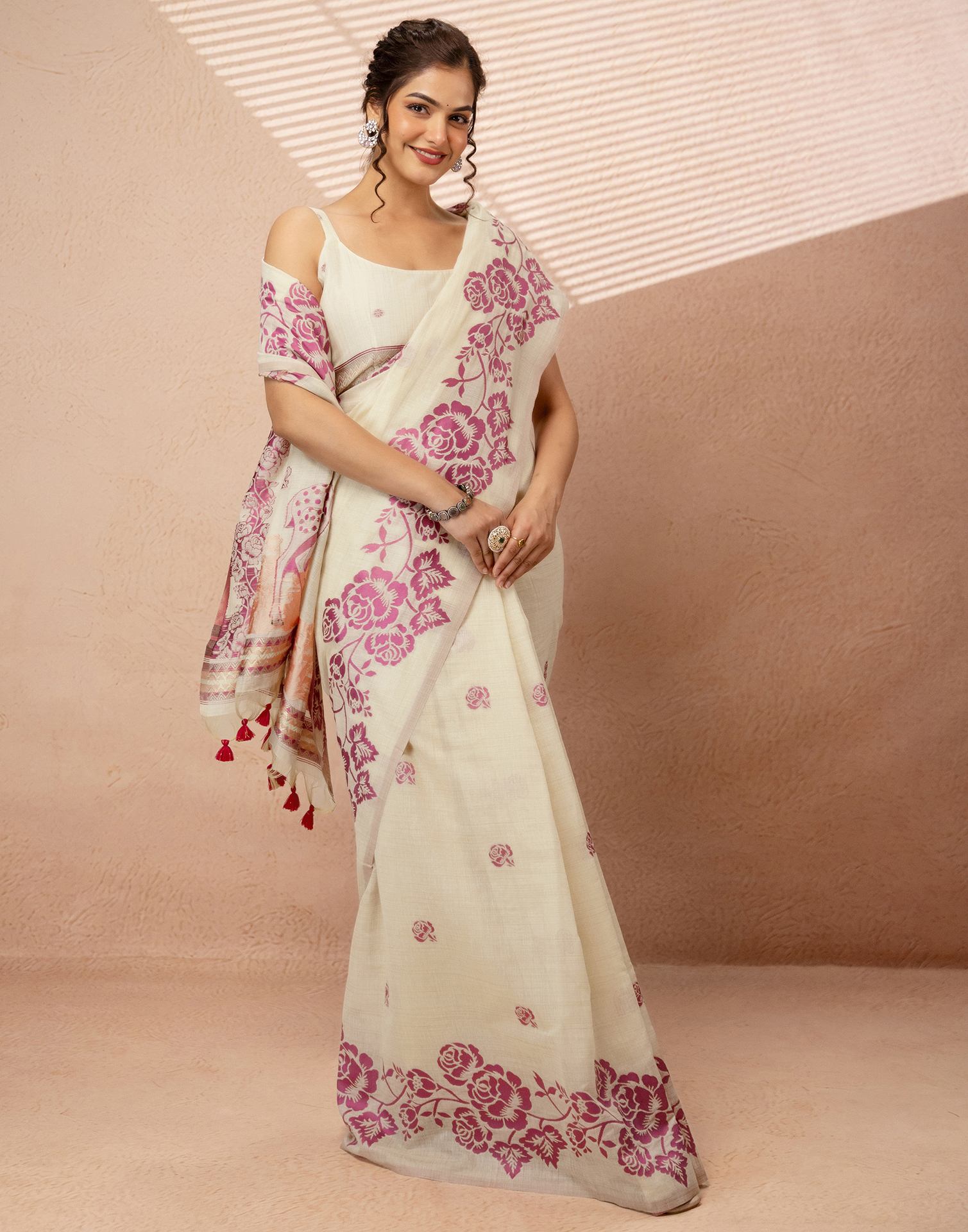 Beige Chanderi Cotton Woven Saree
