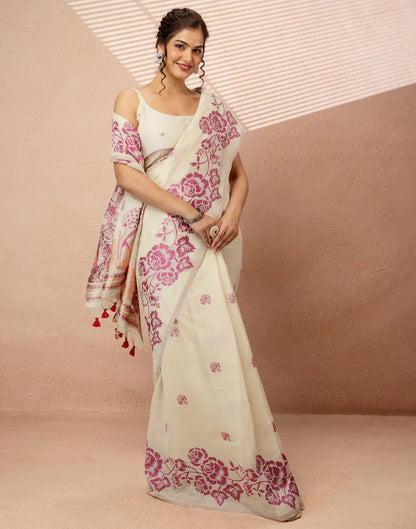 Beige Chanderi Cotton Woven Saree