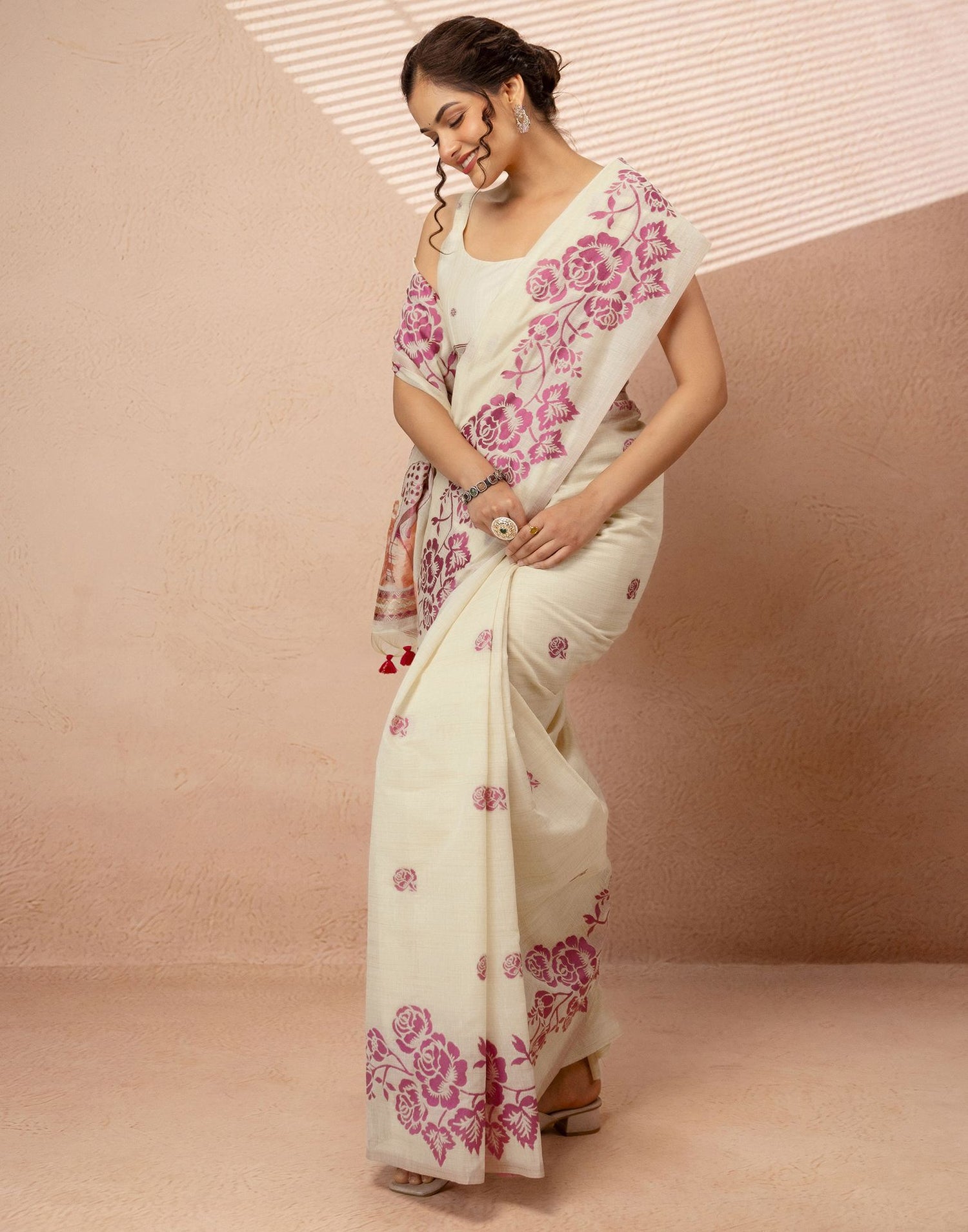 Beige Chanderi Cotton Woven Saree