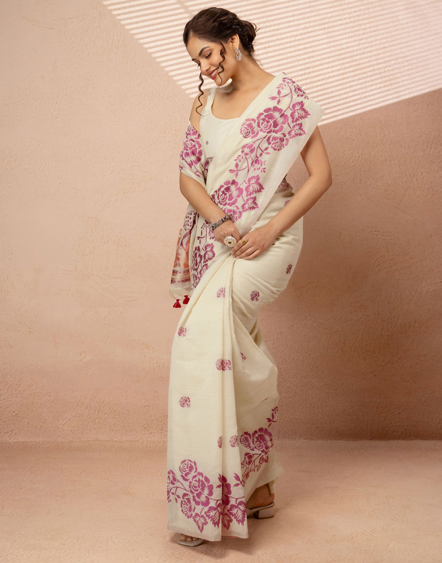 Beige Chanderi Cotton Woven Saree