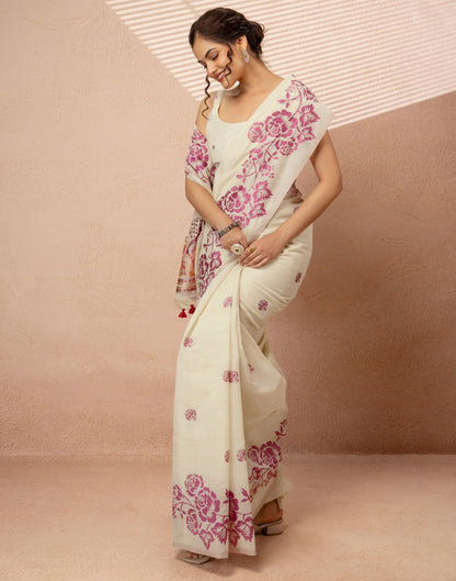 Beige Chanderi Cotton Woven Saree