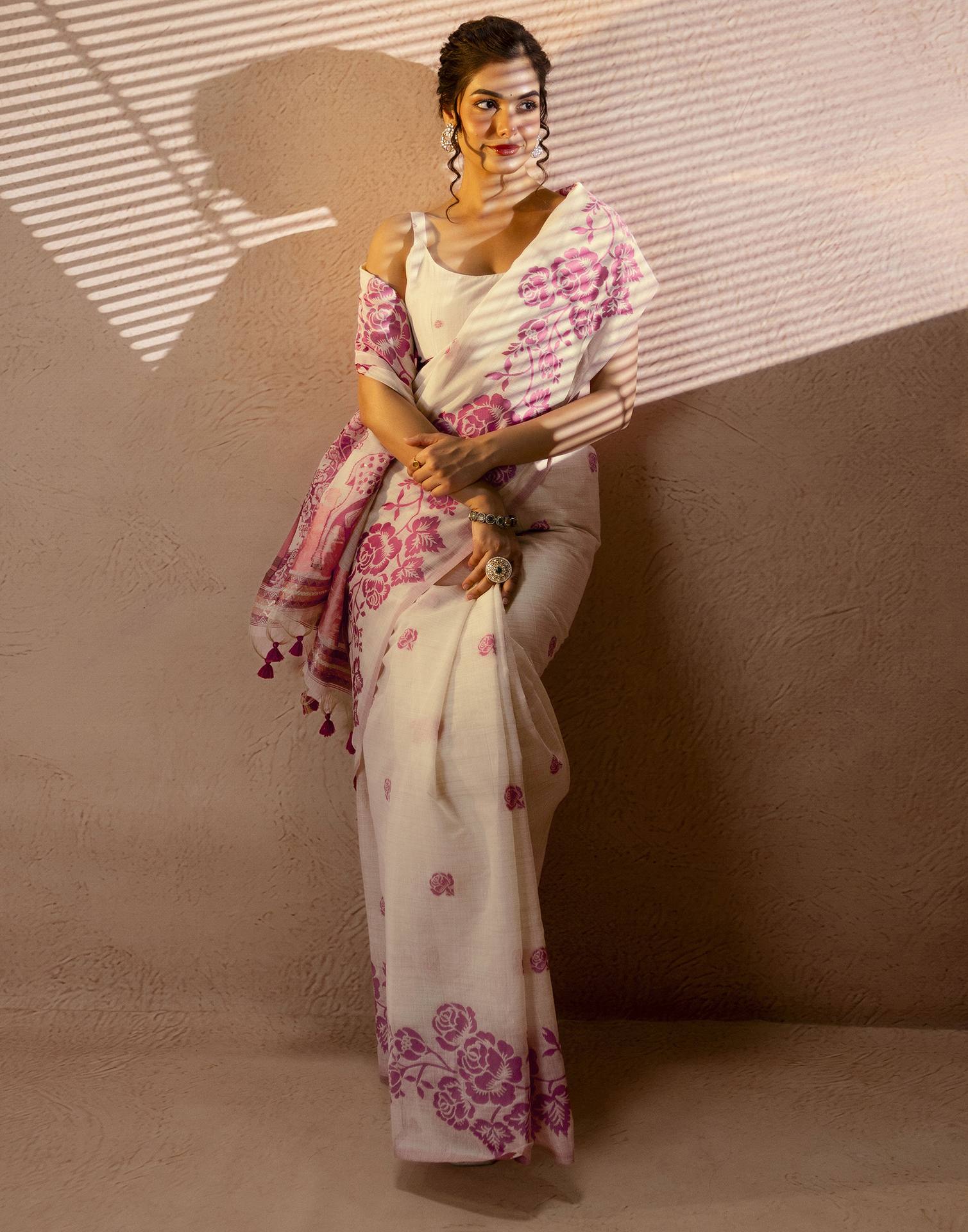 Beige Chanderi Cotton Woven Saree
