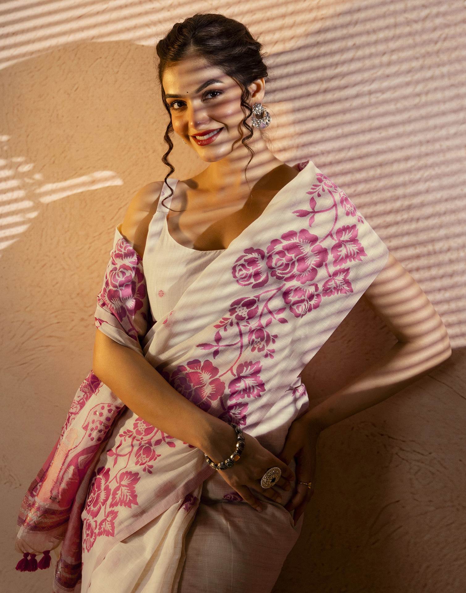 Beige Chanderi Cotton Woven Saree