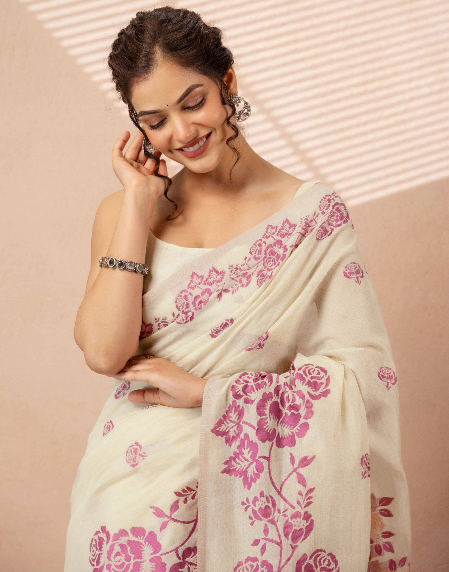 Beige Chanderi Cotton Woven Saree