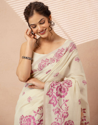 Beige Chanderi Cotton Woven Saree