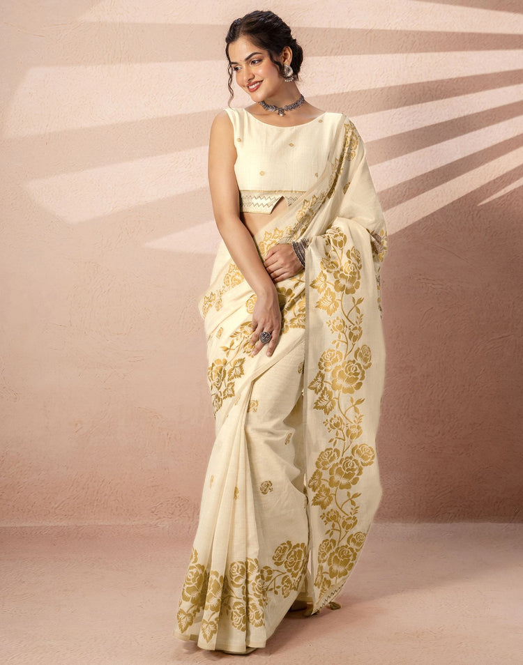 Beige Chanderi Cotton Woven Saree