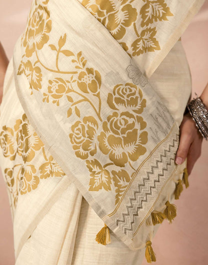 Beige Chanderi Cotton Woven Saree