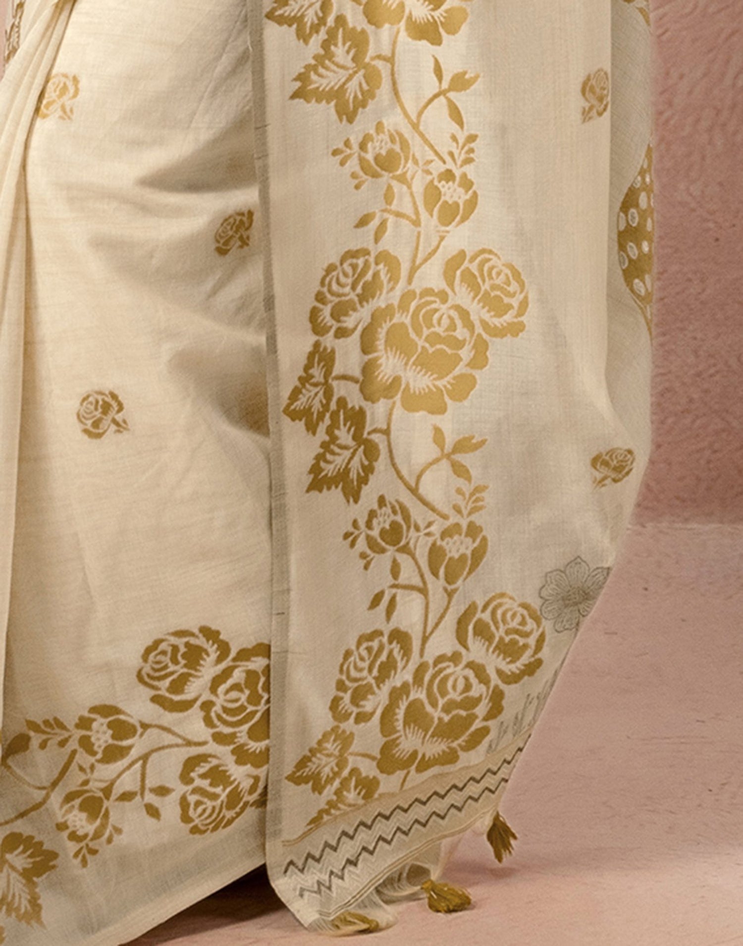 Beige Chanderi Cotton Woven Saree
