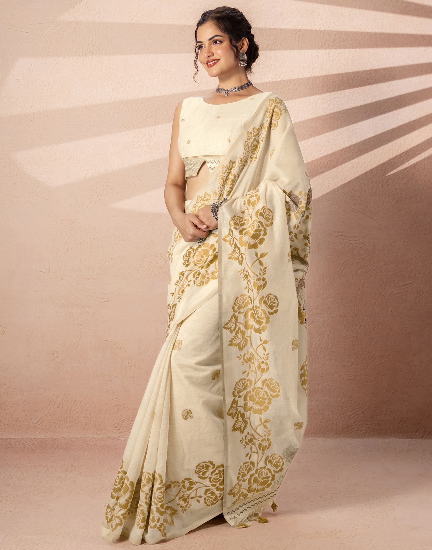 Beige Chanderi Cotton Woven Saree