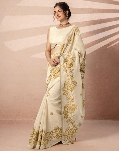Beige Chanderi Cotton Woven Saree