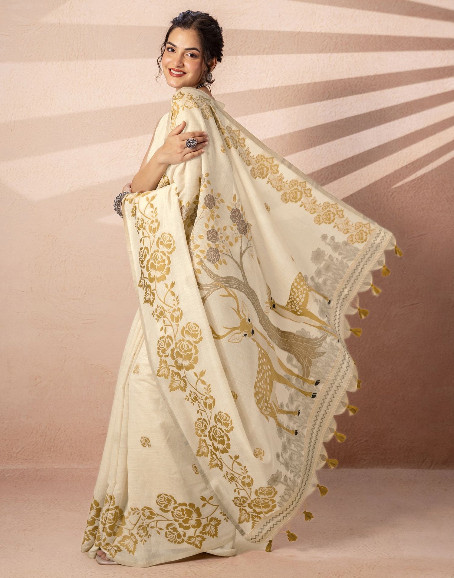Beige Chanderi Cotton Woven Saree