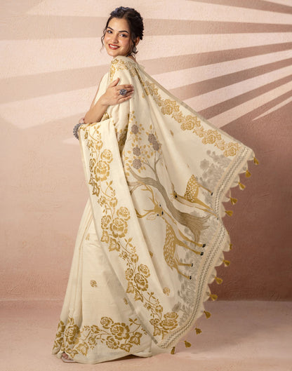 Beige Chanderi Cotton Woven Saree
