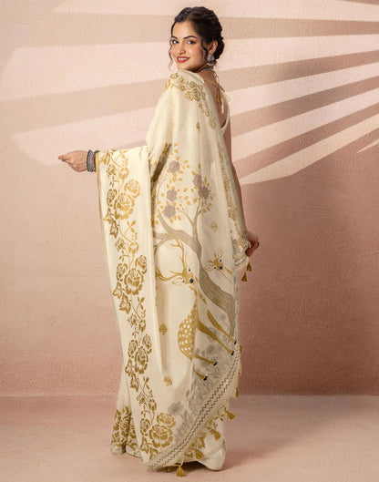 Beige Chanderi Cotton Woven Saree