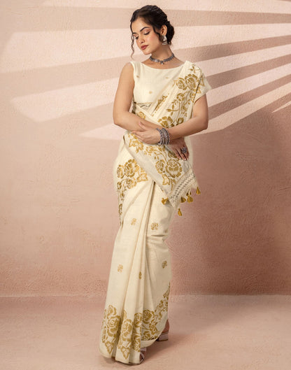 Beige Chanderi Cotton Woven Saree