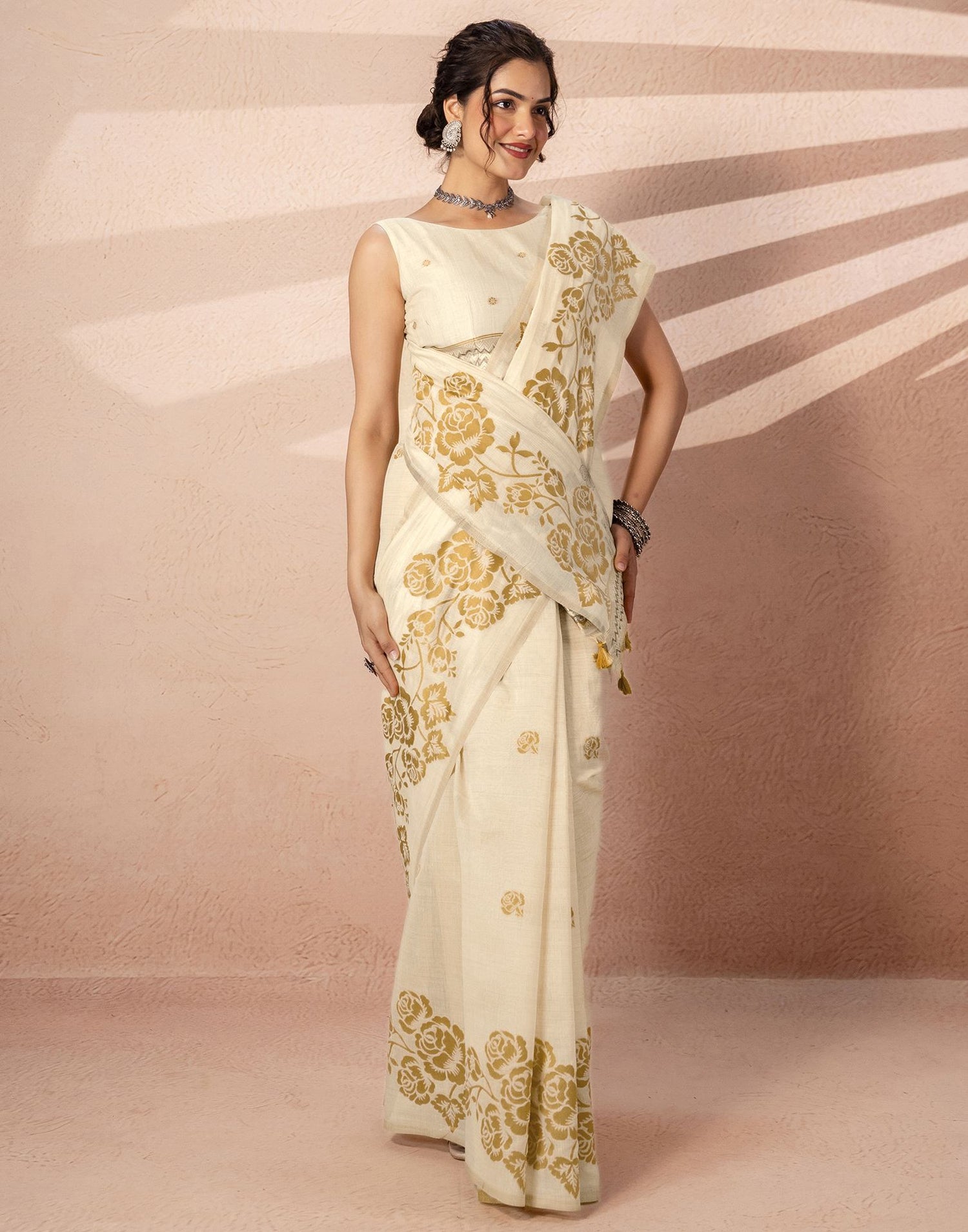 Beige Chanderi Cotton Woven Saree