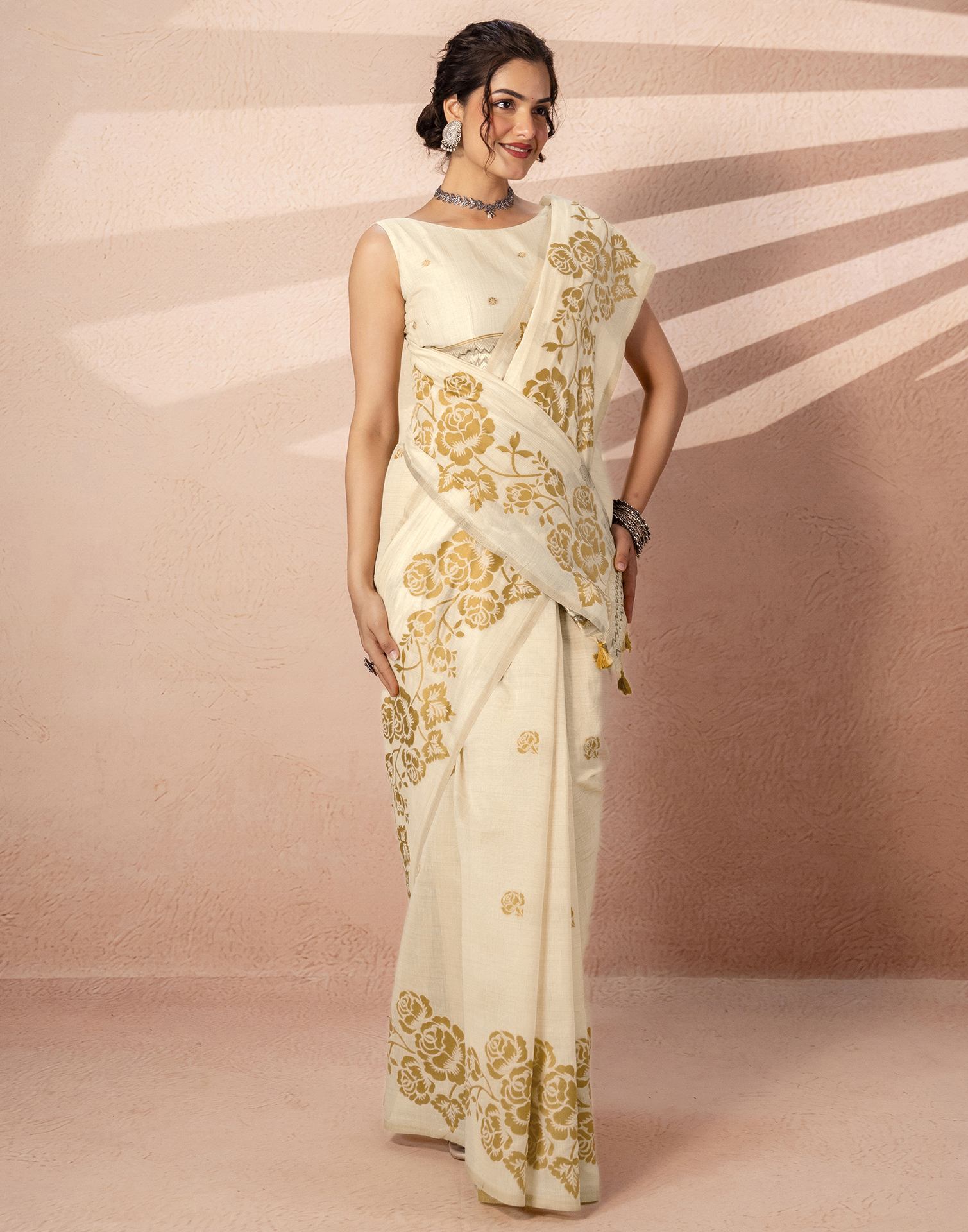 Beige Chanderi Cotton Woven Saree