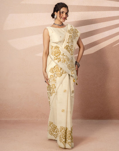 Beige Chanderi Cotton Woven Saree