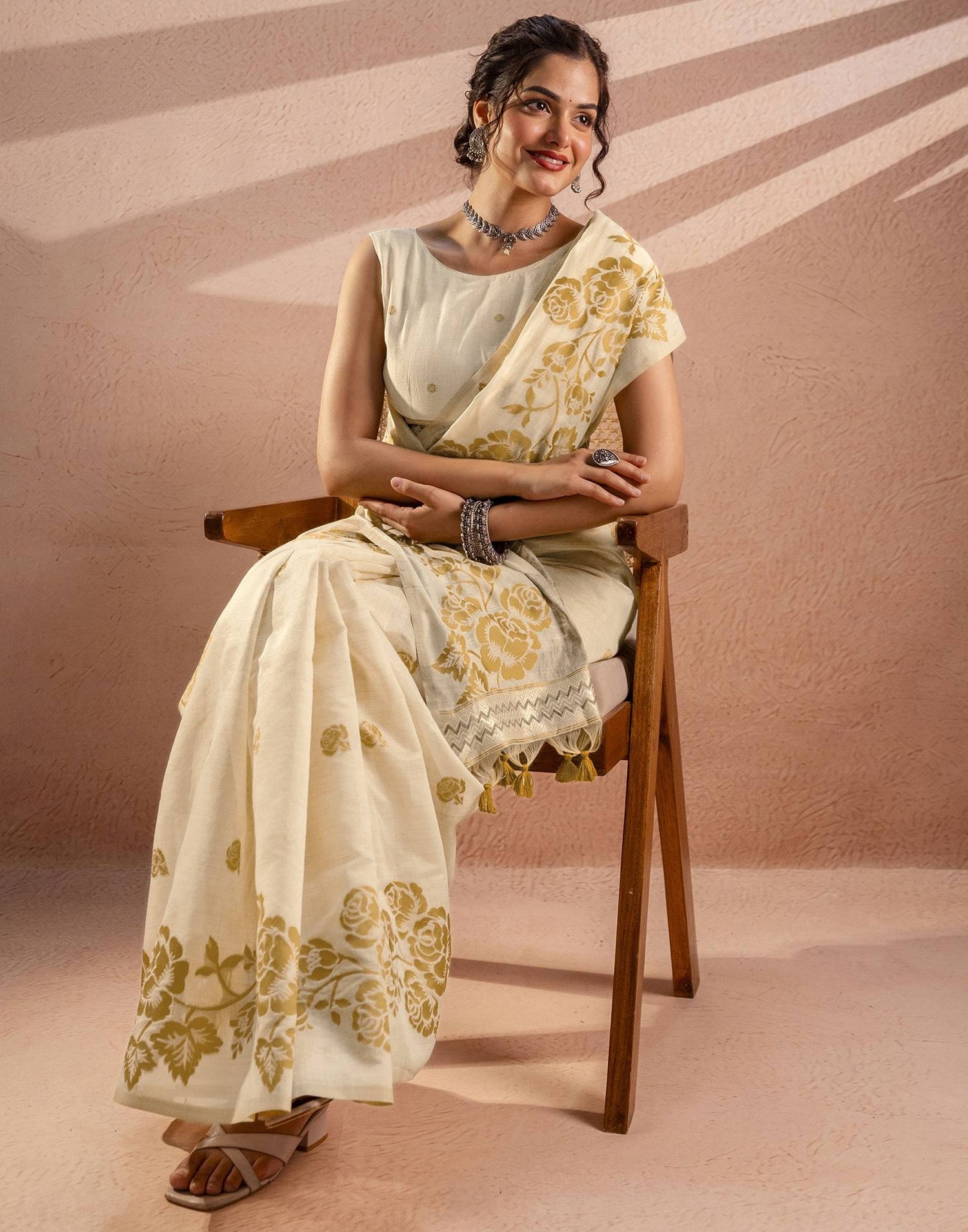 Beige Chanderi Cotton Woven Saree