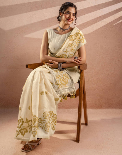 Beige Chanderi Cotton Woven Saree