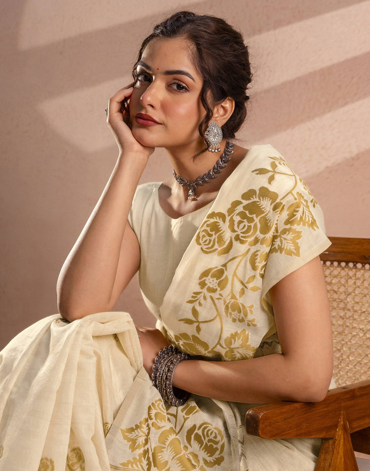 Beige Chanderi Cotton Woven Saree
