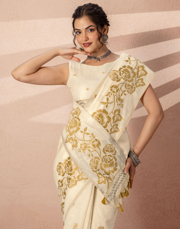 Beige Chanderi Cotton Woven Saree