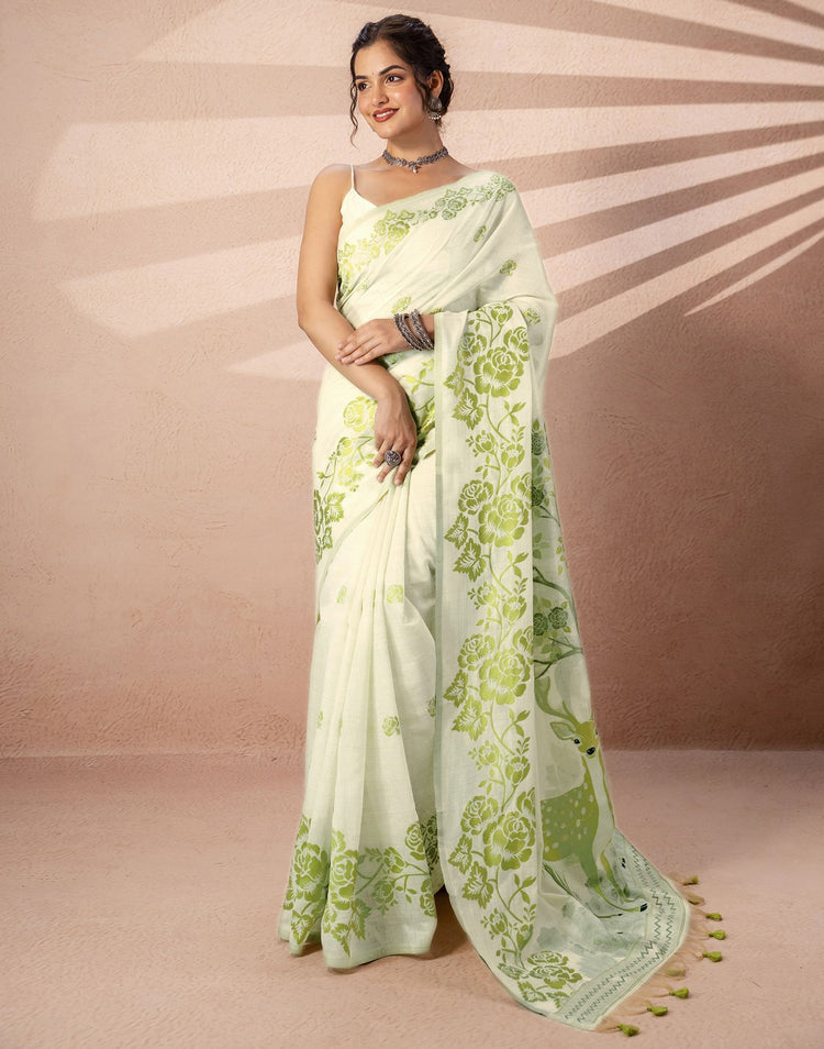 Beige Chanderi Cotton Woven Saree