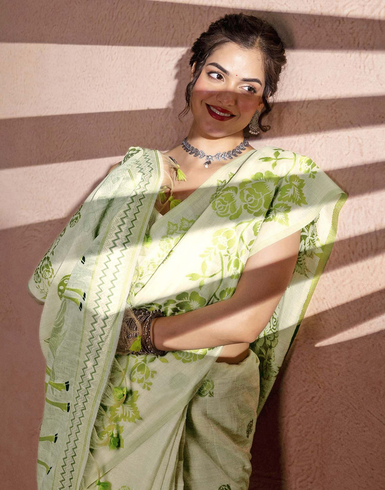 Beige Chanderi Cotton Woven Saree