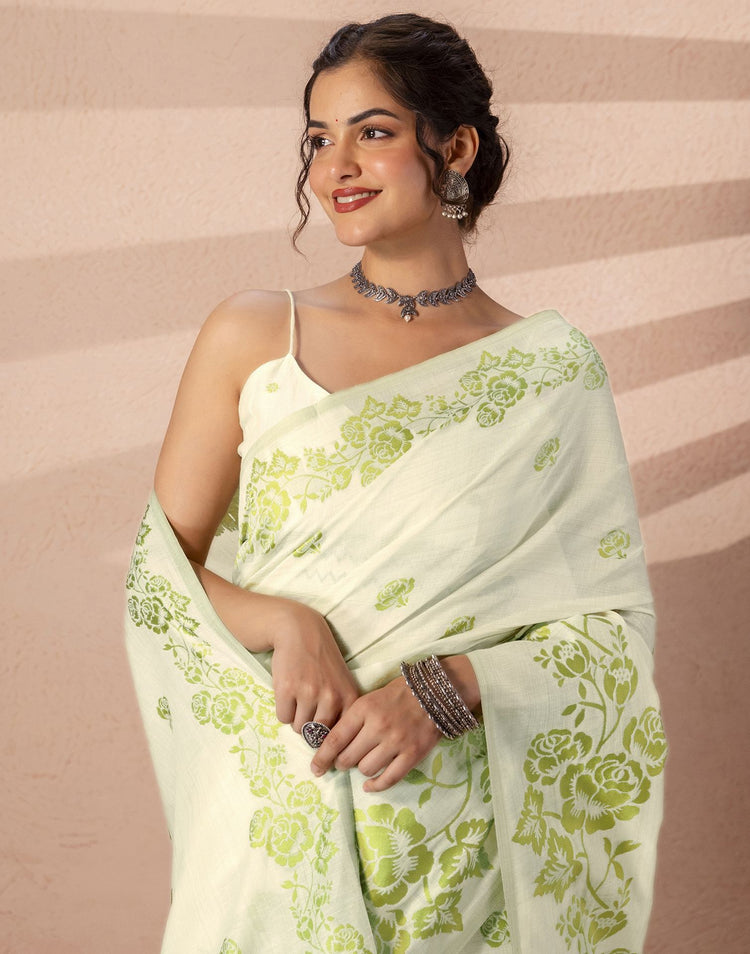 Beige Chanderi Cotton Woven Saree