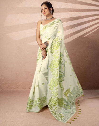 Beige Chanderi Cotton Woven Saree