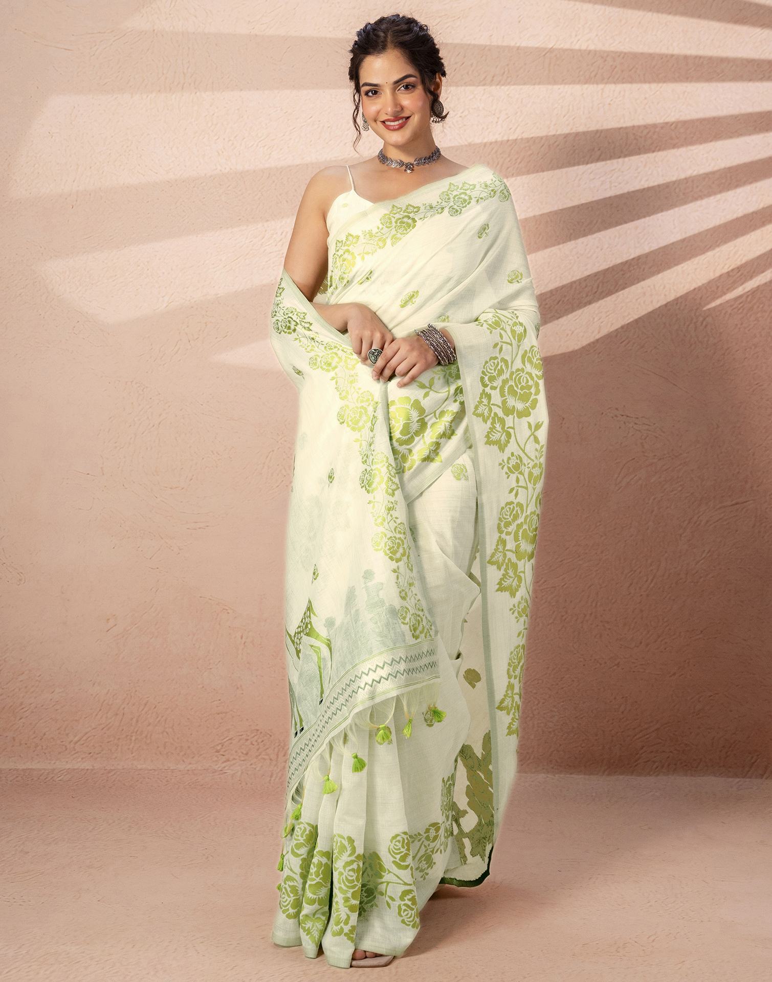Beige Chanderi Cotton Woven Saree